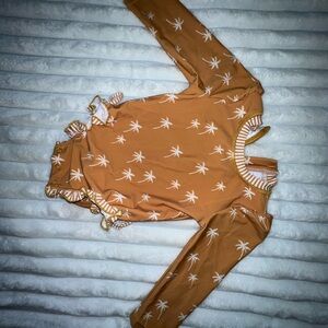 Caden Lane Brown and White Palm Bodysuit with Ruffled Details